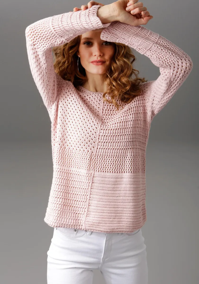 

Свитер Aniston CASUAL с круглым вырезом и модным смешанным узором Ajour, цвет Rosé