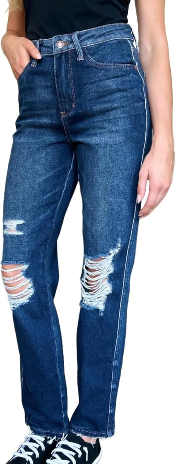 

Judy-B женские джинсы casual high-waisted rigid magic heavy destroy straight denim dark blue с рваными деталями Yanhoo