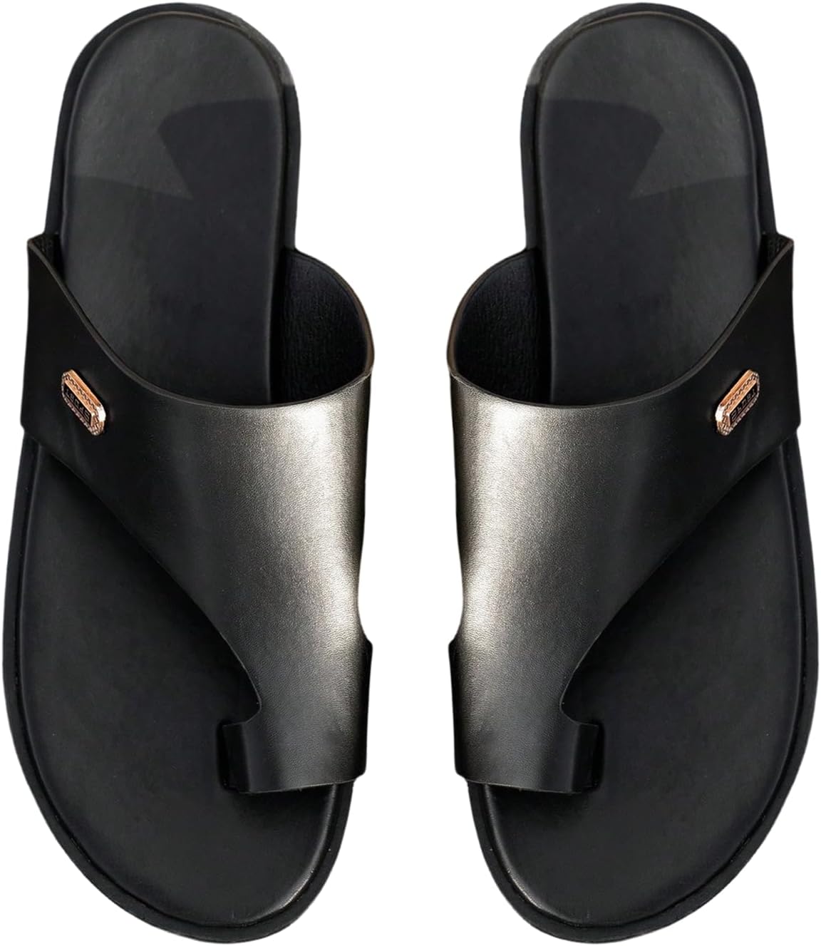 

Мужские домашние тапочки GORGLITTER кожаные сандалии 2025 года, круглые шлепанцы, слипоны из ПУ, черный/золотой