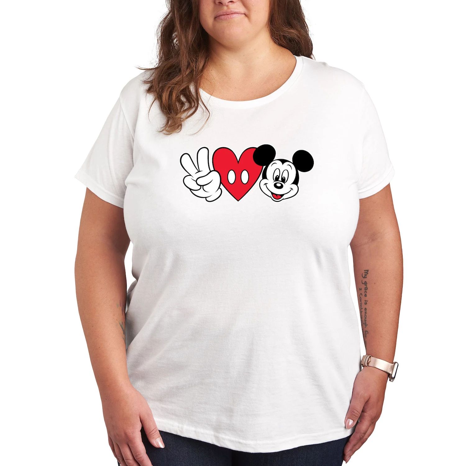 

Футболка Missy размера плюс с рисунком Disney Peace Love Mickey Licensed Character, белый