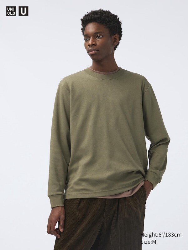 

Хлопковая футболка airism с круглым вырезом оверсайз длинный рукав Uniqlo, зеленый