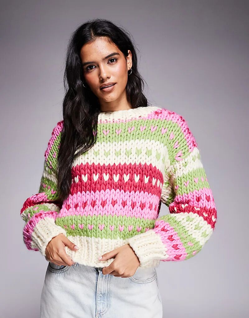 

Пряничный джемпер Kiwi & Co Gingerbread содержит шерсть, связанный вручную в стиле фэйр-айлс в форме сердца розового и лаймового цветов.