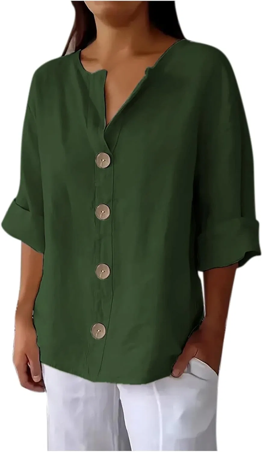 Женская блуза Linen Shirt, Button Down V Neck, 3/4 Sleeves, Army Green