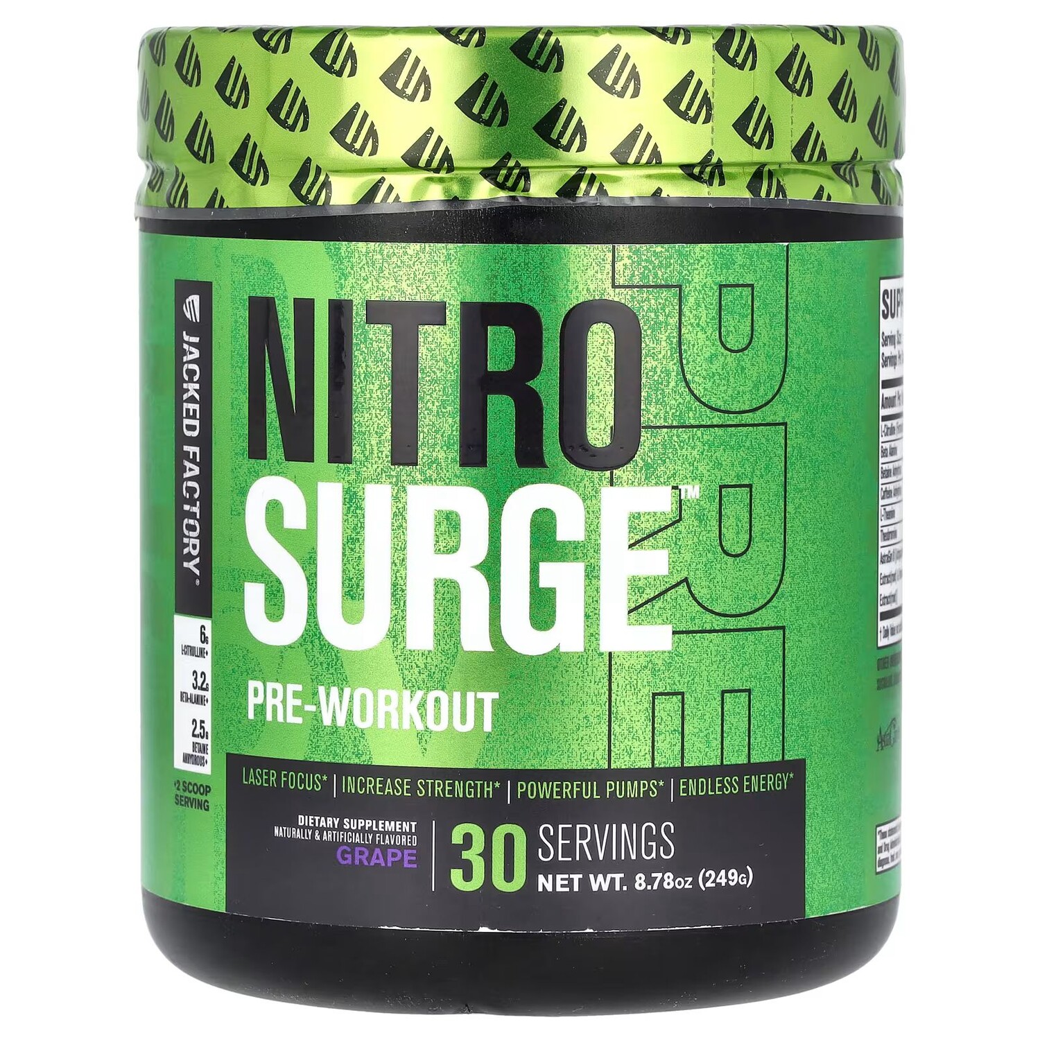 

Nitro Surge, Предтренировочный комплекс, виноград, 8,78 унции (249 г) Jacked Factory