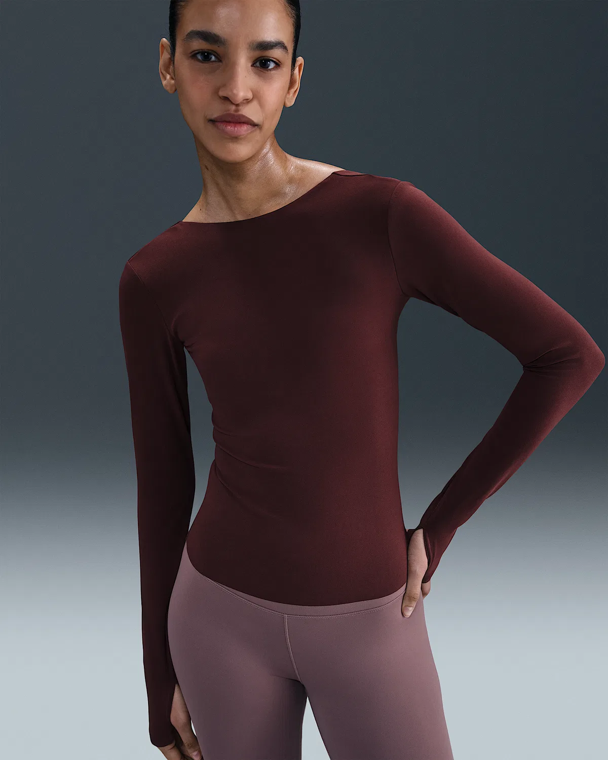 Женский топ Nike Zenvy с длинным рукавом Dri-FIT, Burgundy Crush/White