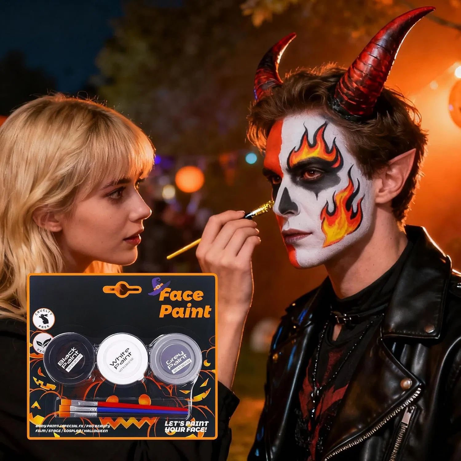 Грим для лица и тела, 3 цвета, черный и белый с серебром, Halloween Face Paint — фото 3