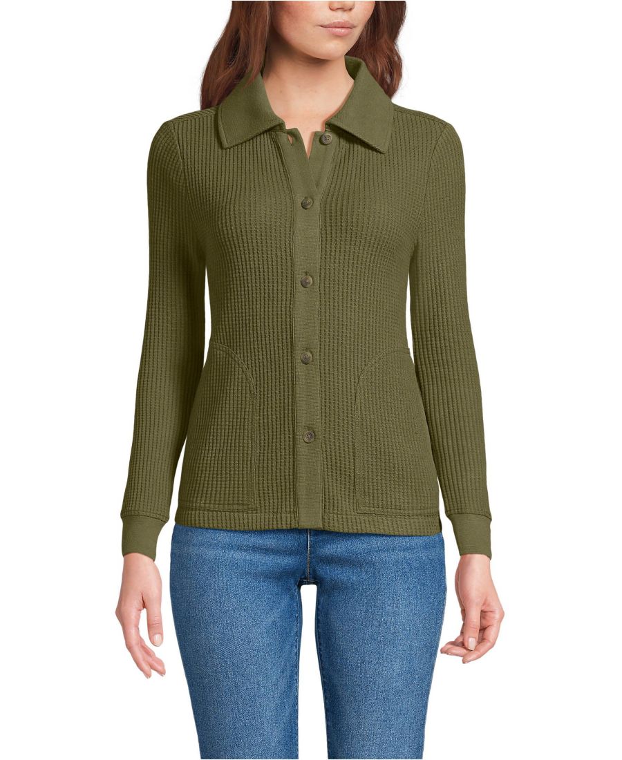 

Женская куртка-рубашка с длинными рукавами и вафельным воротником Lands' End, Olive drab