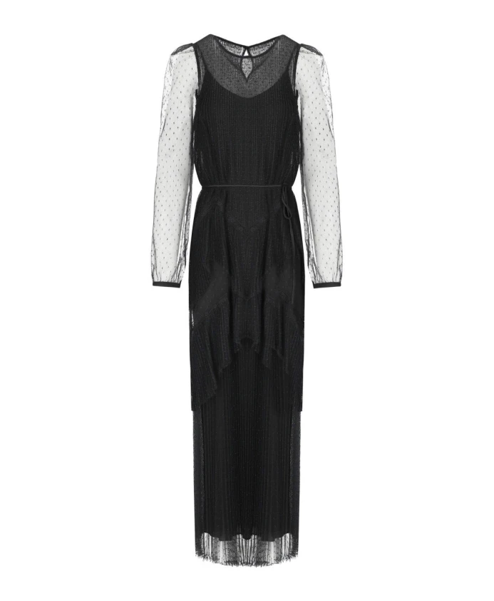 

Черное тюлевое платье со складками и кружевом Twinset, черный