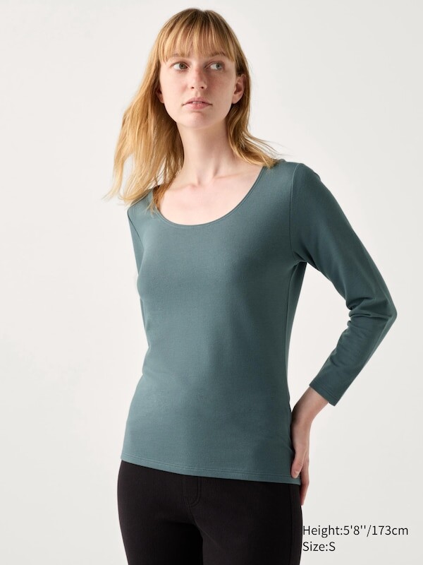 

Очень теплая хлопчатобумажная футболка heattech с круглым вырезом Uniqlo, зеленый