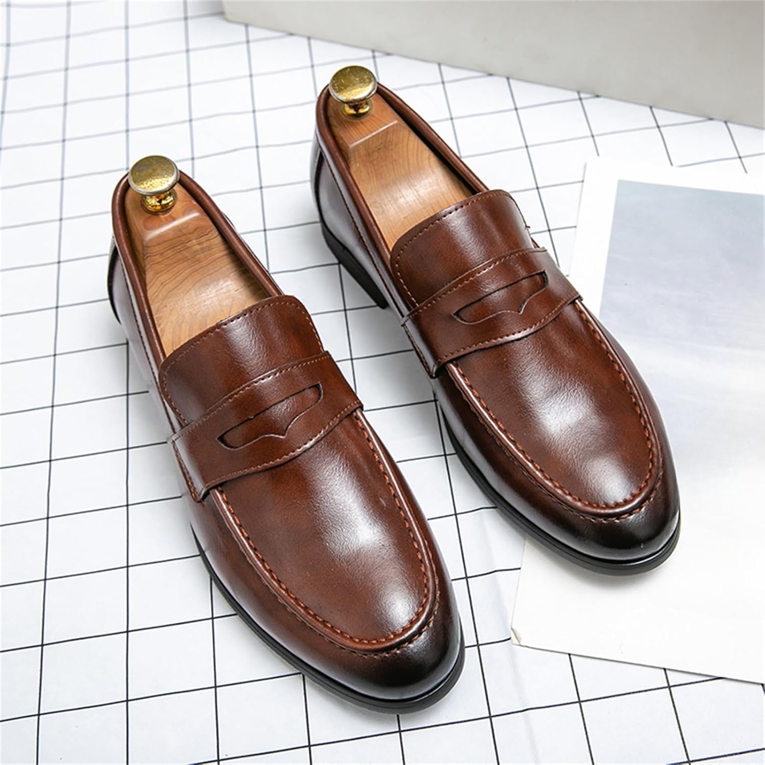 Мужские кожаные классические слипоны Penny Dress Loafers, повседневные Tixewsjh, коричневый — фото 3