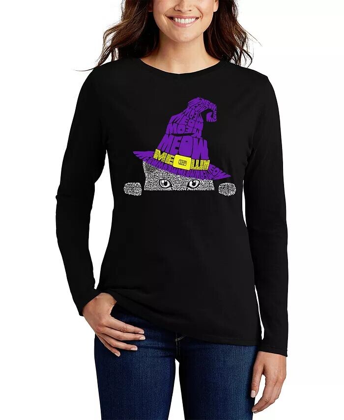 

Женская футболка с длинным рукавом Peeking Witch Cat Word Art LA Pop Art, черный