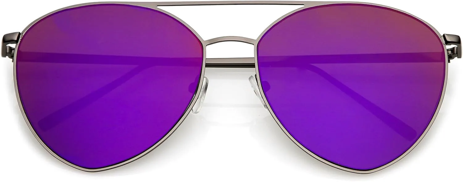 

zeroUV - Увеличенные тонкие металлические солнцезащитные очки-авиаторы с двойной перекладиной, зеркальными плоскими линзами и оправой 62 мм, Gunmetal / Purple Mirror