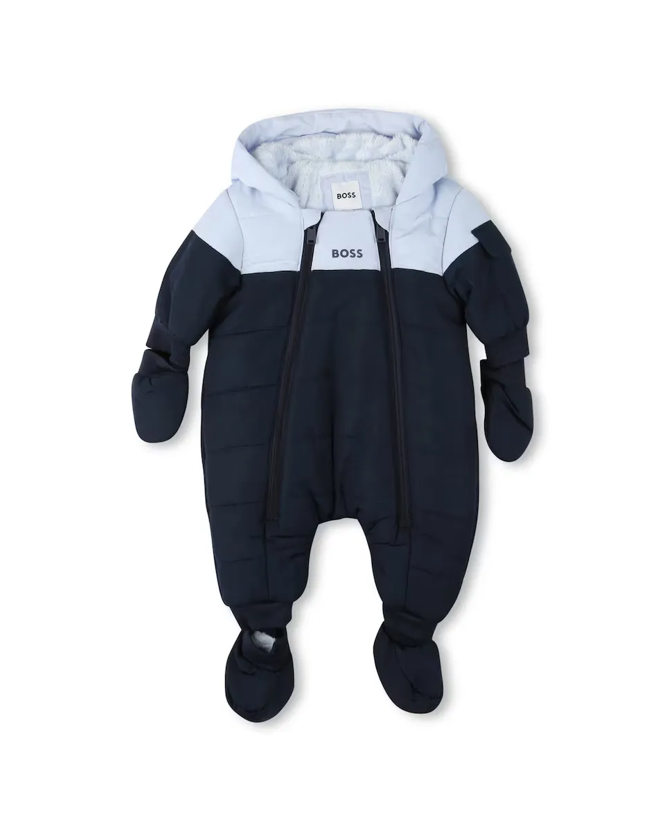 

Двухцветный комбинезон для мальчика с варежками и пинетками BOSS Kidswear, темно-синий