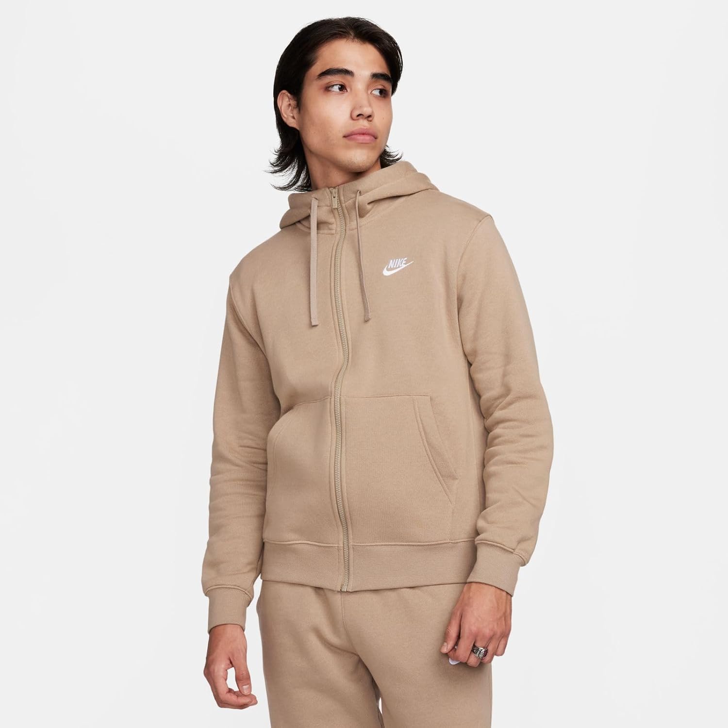Мужская флисовая толстовка с капюшоном и молнией Nike Sportswear Club, Khaki/Khaki/White — фото 2