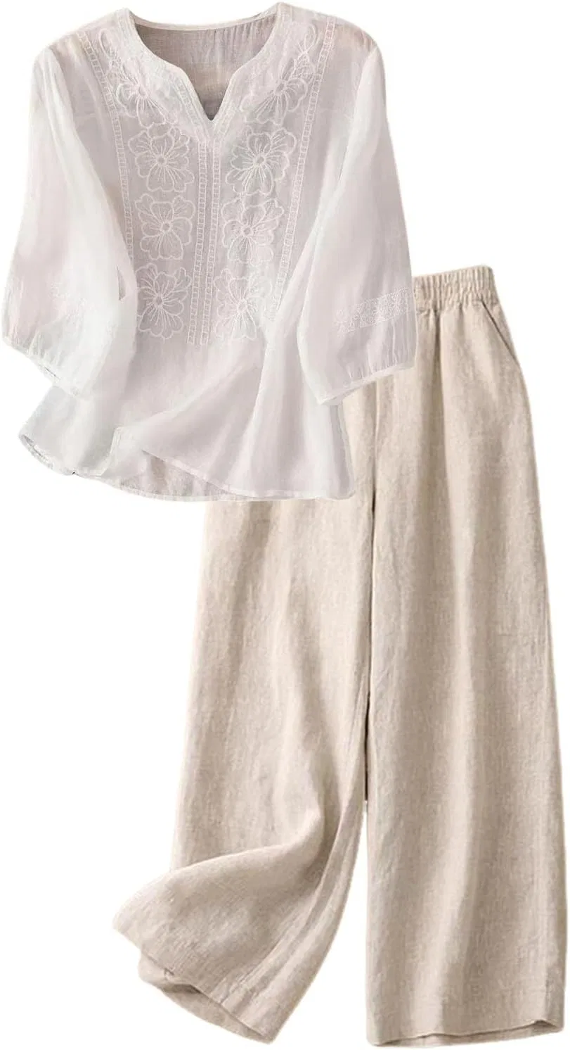 Женский костюм с вышивкой, Cotton Linen, 2 предмета, White-c