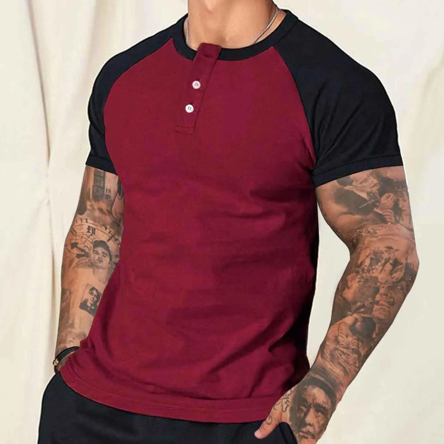 Мужская футболка Henley с застежкой на четверть пуговиц, цветной блок, легкая, быстросохнущая — фото 2