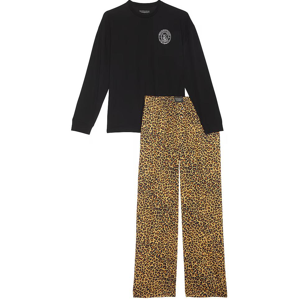 

Victoria's Secret Фланелевый комплект с длинным рукавом / пижамный комплект Safari Gold L женский золотой леопард