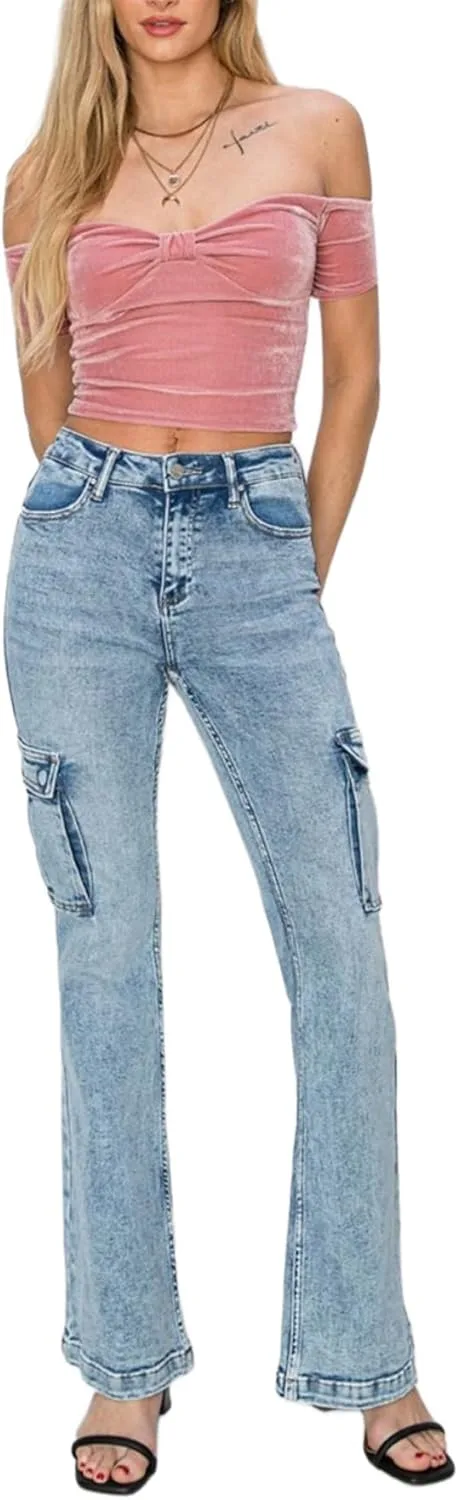 

Женские повседневные карго джинсы в стиле bootcut, высокие, с карманами, средняя потертость, на пуговицах и молнии Yanhoo