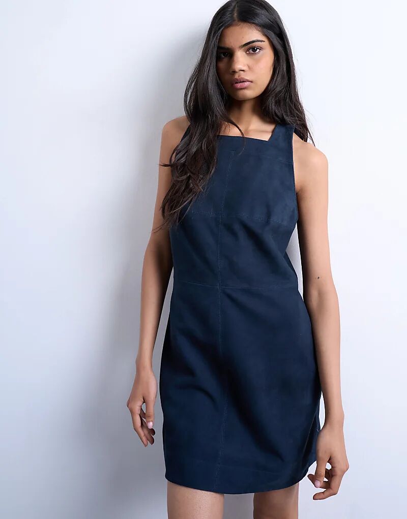 

Мини-платье Topshop из натуральной замши с квадратным вырезом и халтер-воротом темно-синего цвета