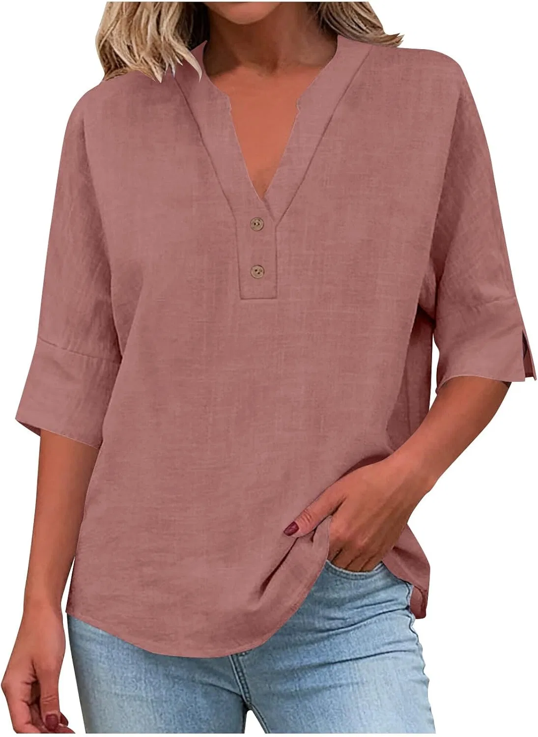 Блуза с V-образным вырезом, Cotton Linen, женская, Rose Gold