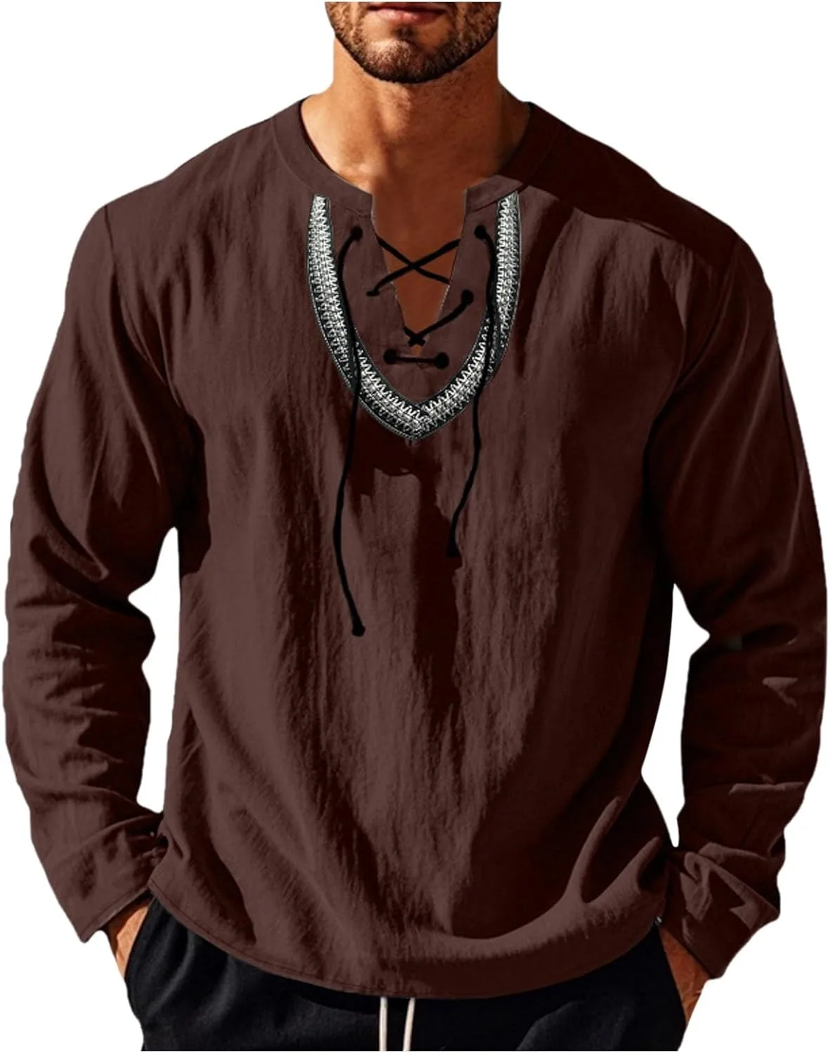 

Мужская льняная футболка V-образным вырезом с длинным рукавом в этническом стиле