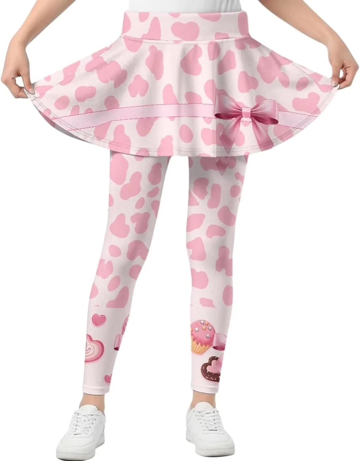 Леггинсы с юбкой для девочек Hresuewn, 2-в-1, Pink Heart Leopard Print Dessert