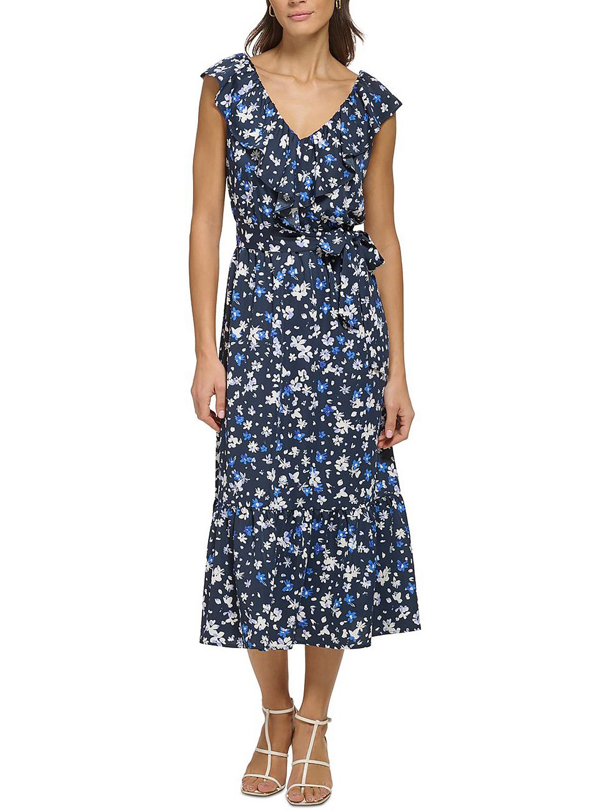 

Женское длинное платье макси с оборками DKNY, цвет navy/marine multi