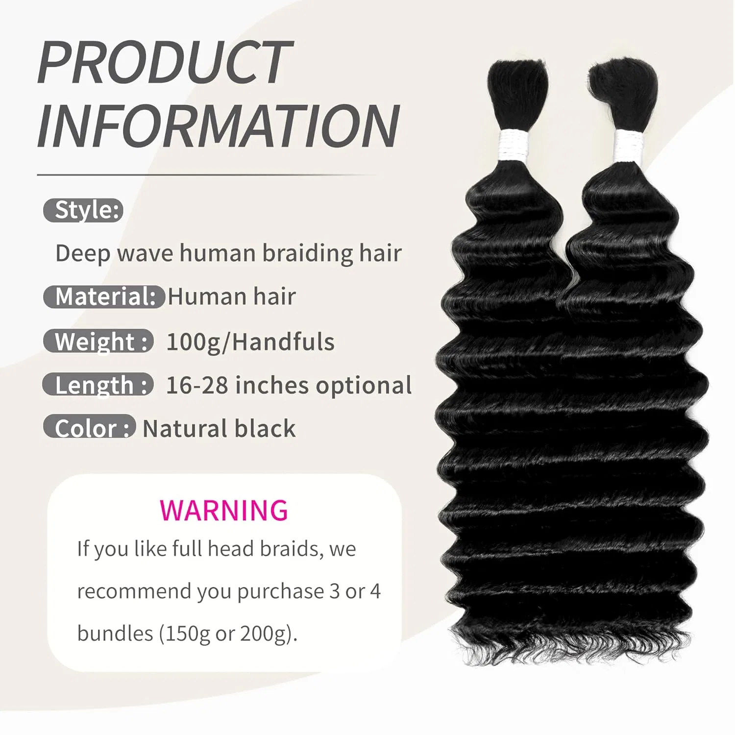 Натуральные волосы Deep Wave для плетения, 2 пучка, 100 г, 18 дюймов Faelbaty, Black (No.1B) — фото 3