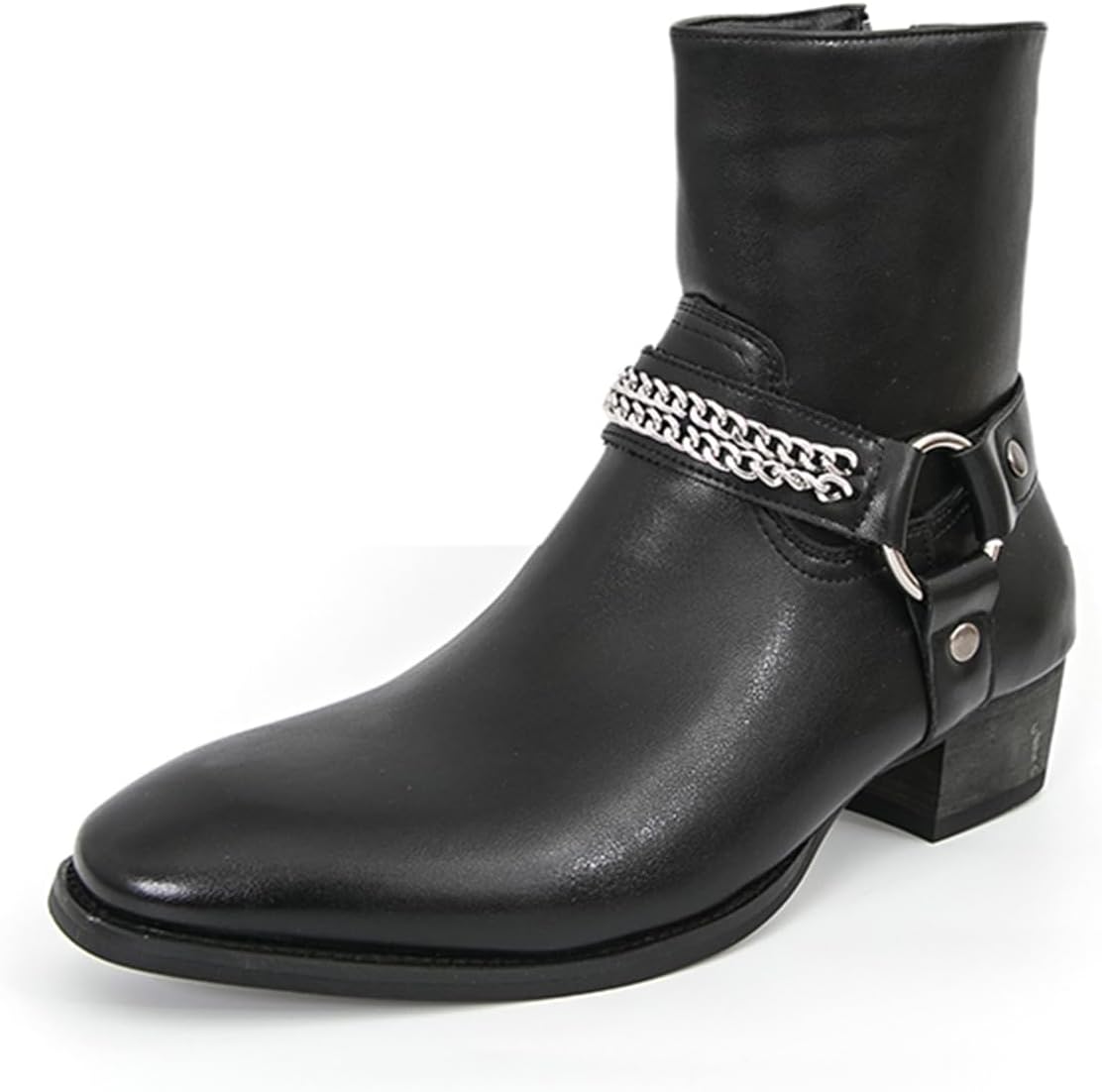 

Мужские ботинки-казаки на высоком каблуке из натуральной кожи с носком заостренной формы, модель Chelsea, с боковой молнией и пряжками, для вечеринок, бала, диско и свадьбы Qklmwes, черный