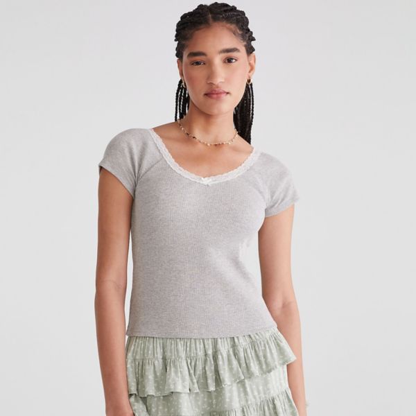 

Детская футболка с V-образным вырезом и кружевной отделкой Aeropostale, цвет light heather grey