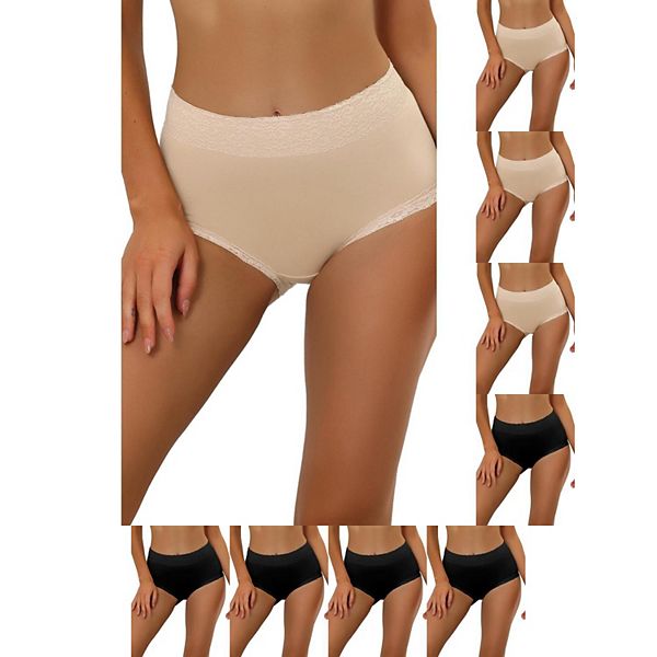 

9 пар женских хлопковых трусов с высокой талией, кружевной отделкой, эффектом контроля живота и полным покрытием Inspire Chic, Black Beige