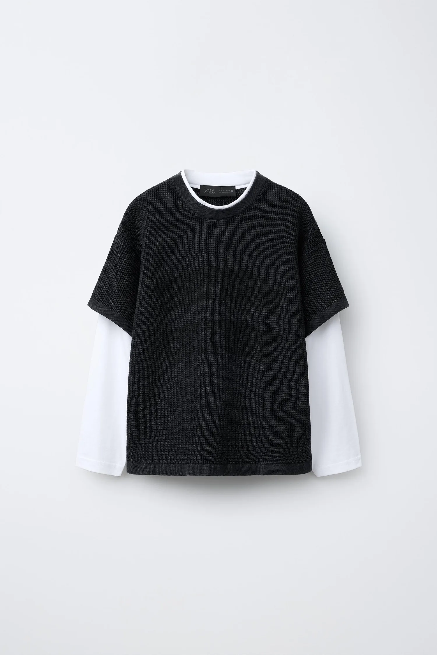 Футболка из двухслойной вафельной вязки с текстовым принтом Zara, черный
