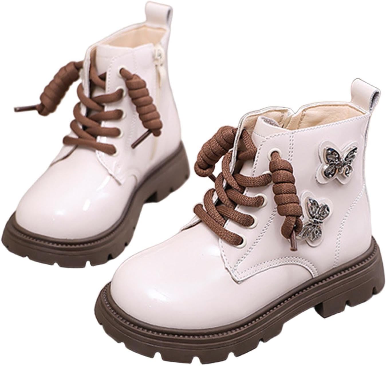 

Девочкам ботинки на щиколотку модные сверкающие с бабочкой, шнуровкой, боевые ботинки с боковой молнией, блестящей поверхностью, высокие кроссовки Generic, White