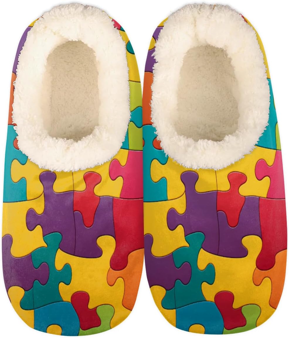 

Яркие домашние тапочки с узором пазл для женщин и мужчин, абстрактная раскраска, мягкие пушистые уютные тапочки-носки с противоскользящей подошвой Yppahhhh, мультиколор