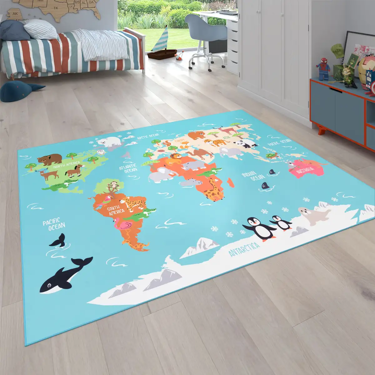 

Детский ковер Paco Home "Bino 564", прямоугольный, короткий ворс, мотив карты мира, детская комната 160х220 см, бирюзовый