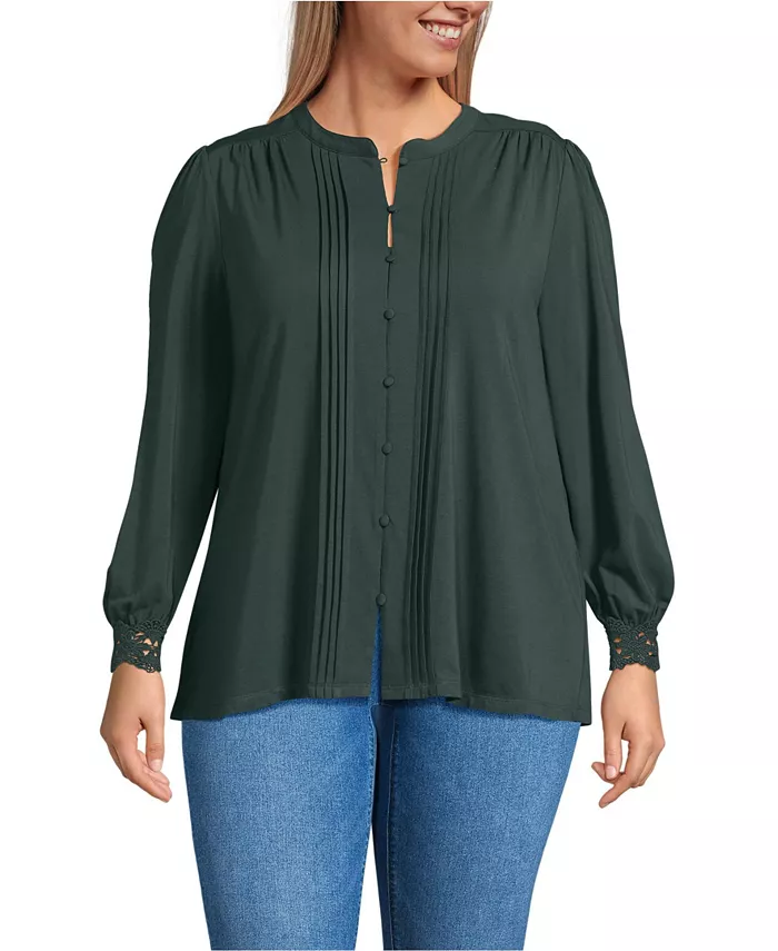 

Плюс сайз легкая трикотажная блуза с длинным рукавом и застежкой на пуговицы с защипами спереди Lands' End, зеленый