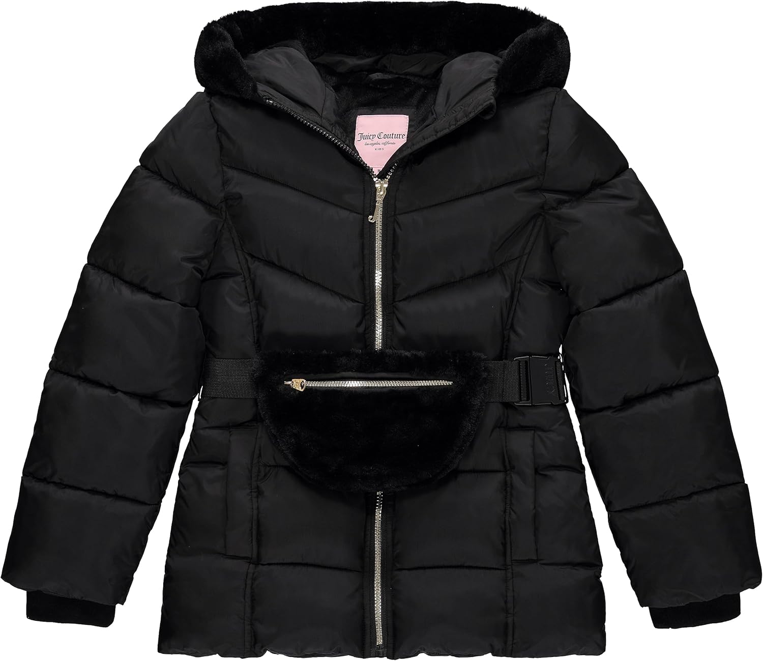 

Пальто Juicy Couture для девочек, зимняя куртка с искусственным мехом и капюшоном, теплая парка с капюшоном, плотное зимнее пальто для детей, Black7Z117