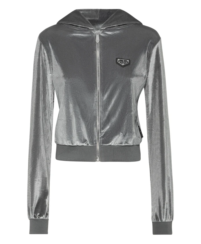 

Толстовка с капюшоном из синели, украшенная стразами и черепом. Philipp Plein, серый