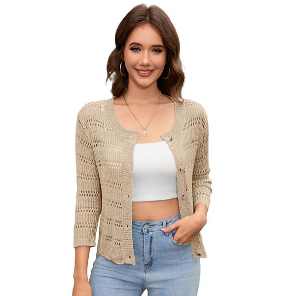 

Женский кардиган с рукавом 3/4, вязаный крючком, с пуговицами и мягкой вязкой Seoria, Apricot