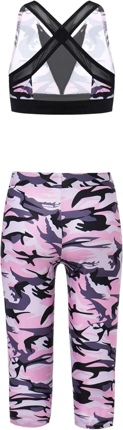 Детский спортивный костюм с камуфляжным принтом Hansber, топ и леггинсы, Camouflage Pink — фото 2