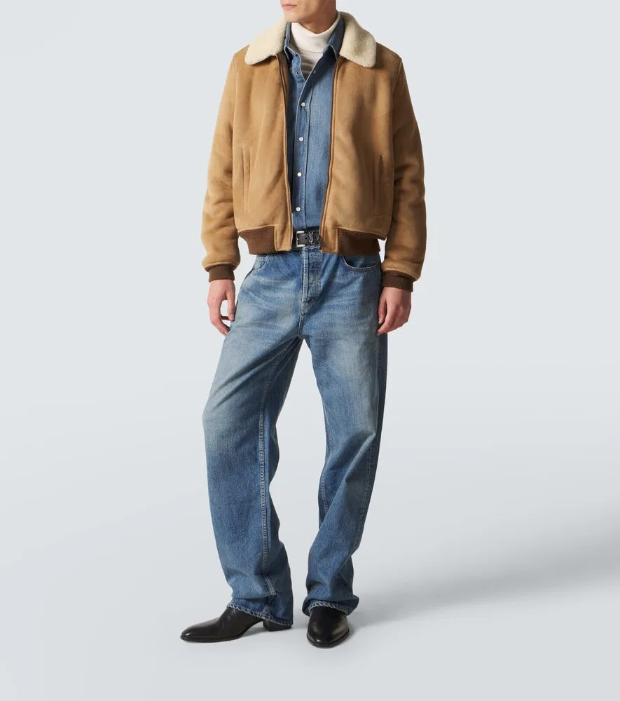 Замшевая куртка с подкладкой из овчины Saint Laurent, бежевый — фото 3
