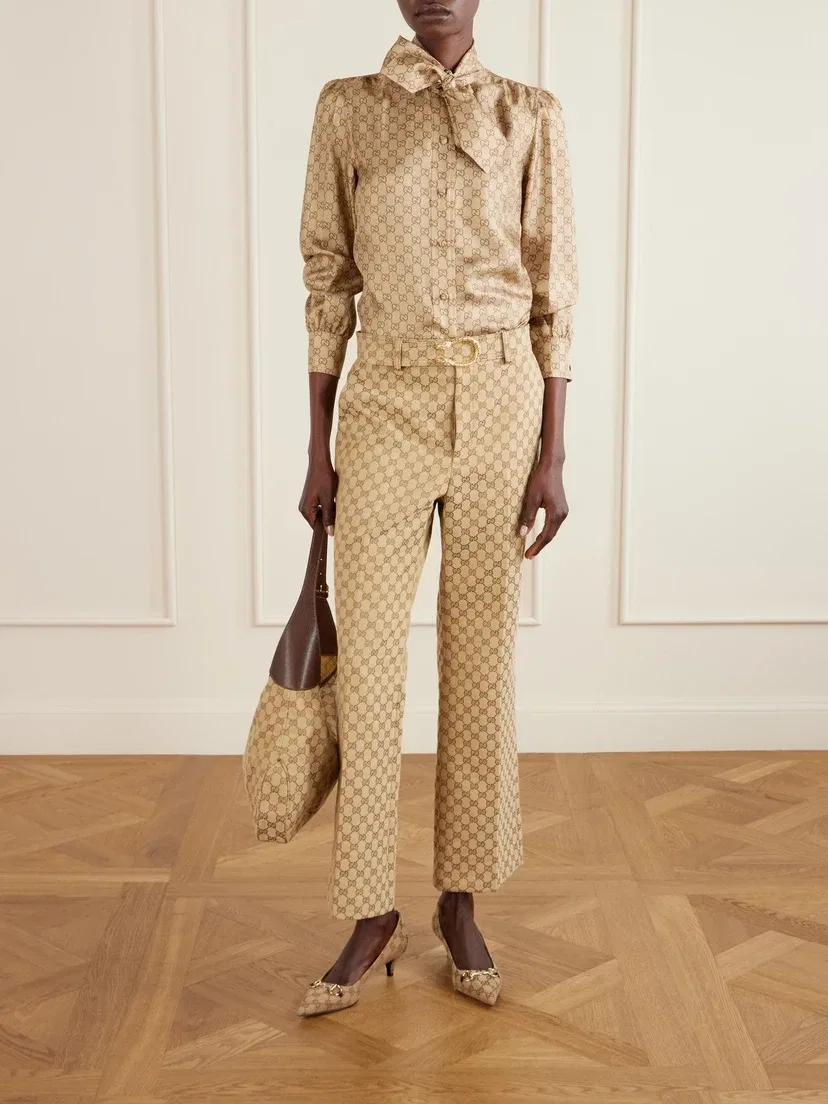 Брюки-клеш с поясом из жаккардового канваса GUCCI, бежевый — фото 2