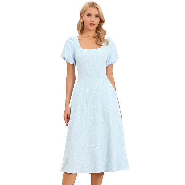 

Летнее миди-платье для женщин с квадратным вырезом и короткими пышными рукавами, casual, силуэт а-силуэт, жаккард, цветочный принт Inspire Chic