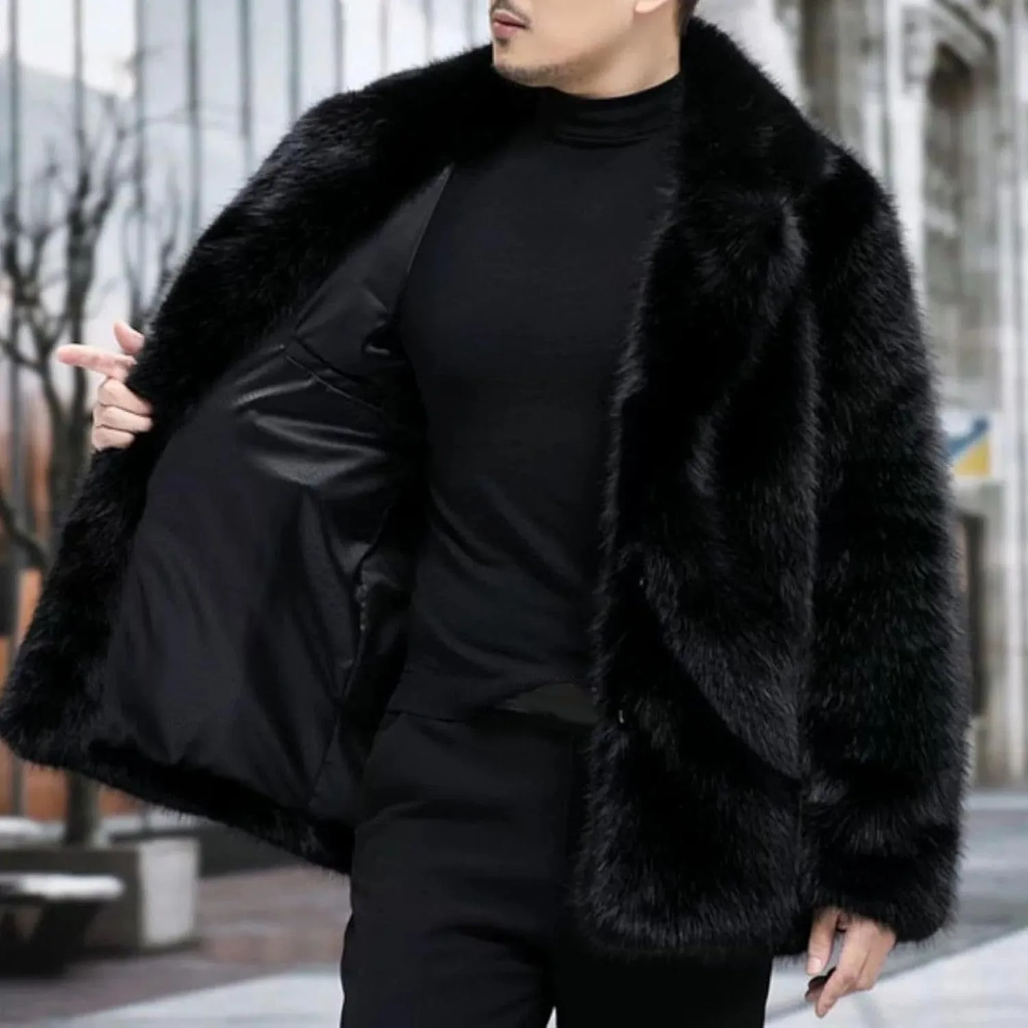 Куртка зимняя мужская Faux Fur, теплая пушистая шуба с молнией Generic, черный — фото 4