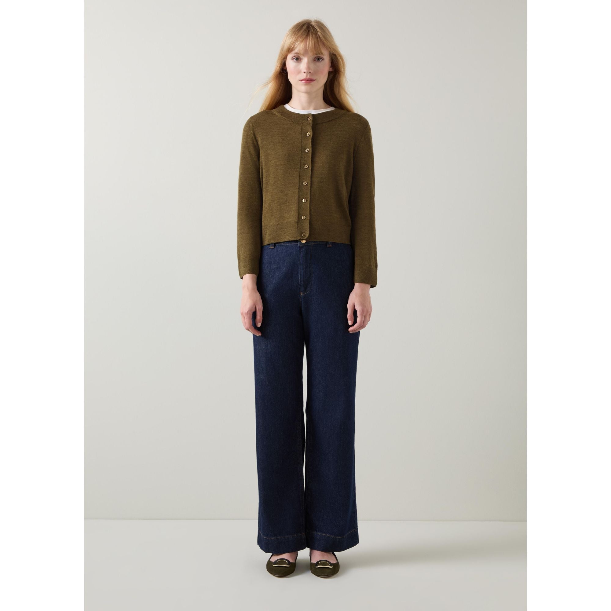 

Конни Оливковый кардиган с круглым вырезом и широкой планкой Lk Bennett