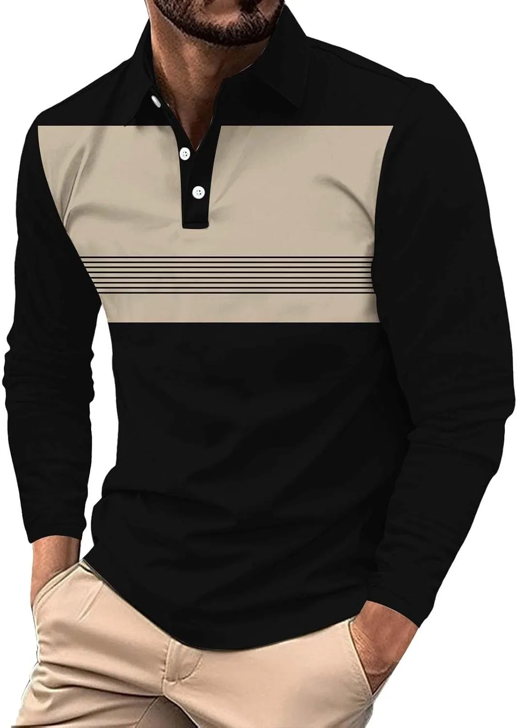 Мужское поло с цветовыми блоками и полосками, Long Sleeve, 1a-beige