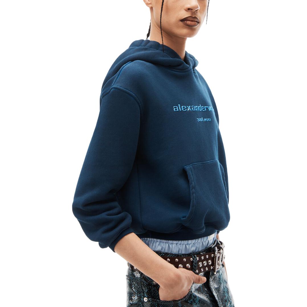Хлопковый худи с тисненым логотипом Alexander Wang, морской синий — фото 3