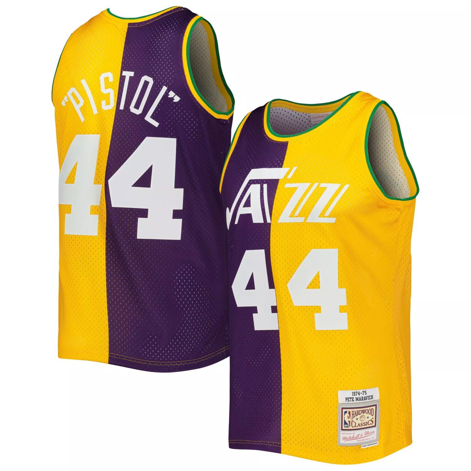 

Мужская майка Mitchell & Ness Pete Maravich фиолетового/желтого цвета New Orleans Jazz Hardwood Classics 1974-75 с разрезом Swingman, Желтый;фиолетовый, Мужская майка Mitchell & Ness Pete Maravich фиолетового/желтого цвета New Orleans Jazz Hardwood Classi