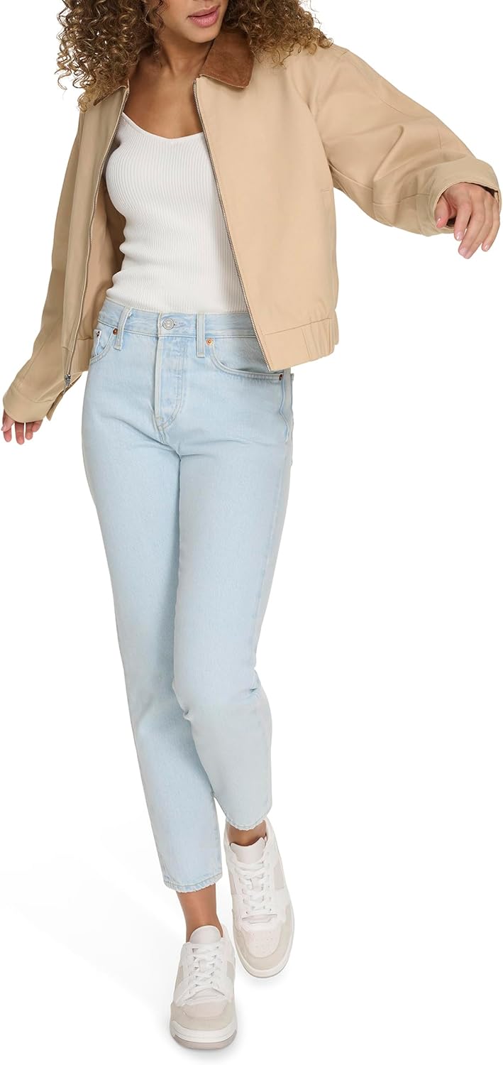 Женская куртка-бомбер Levi's хлопковая с воротником из вельвета, бежевый — фото 2
