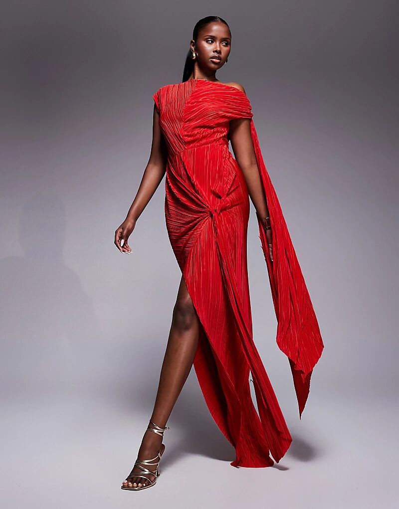 

Платье макси ASOS DESIGN премиум-класса с плиссировкой, многоузловой отделкой и высоким разрезом